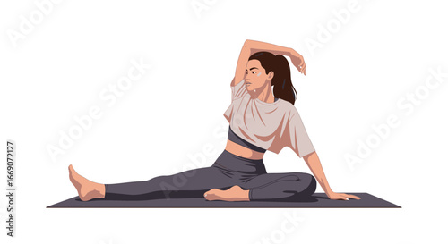 Illustrative artwork showcasing woman practicing stretching exercise pose