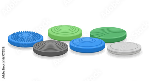 Isometric vector illustration of colorful textured massage pad assortment