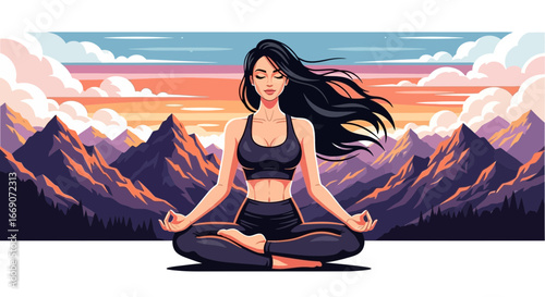 Serene meditation landscape, woman practicing yoga amid scenic mountains view