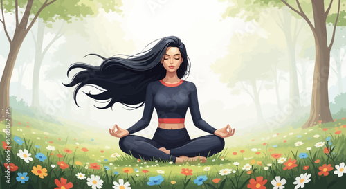 Serene girl in lotus position meditating amidst spring floral meadow scene