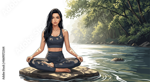 Serene riverside yoga scene featuring a woman in lotus position