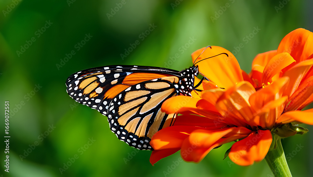 Fototapeta premium A vibrant monarch butterfly with intricate black and orange patterns rests delicately on the bright orange petals of a blooming flower, its wings slightly open