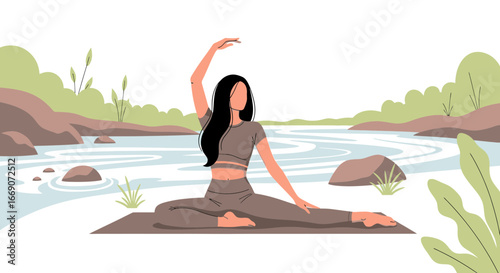 Serene yoga practice near the tranquil riverside with minimalist elegance