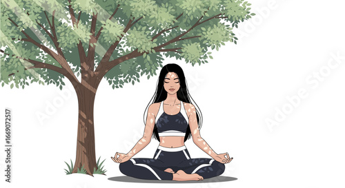 Serene yoga session beneath leafy tree embracing mindfulness and wellness