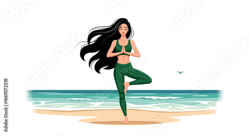 Serene yoga session on the beach with ocean backdrop and tranquil vibes
