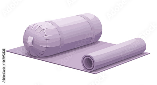Serene yoga setup showcasing a lavender bolster and partially rolled mat