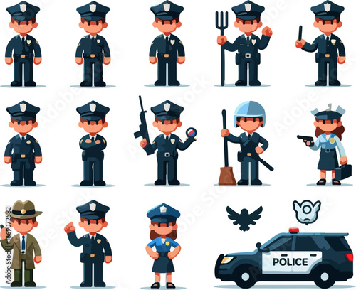 Cartoon style vector police officers illustration with weapons, tactical vests, helmets, rifles, pistols, and badges representing justice, law enforcement, and crime prevention concept 1