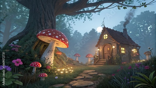 In a vibrant cartoon forest colorful glowing mushrooms surround a charming cottage as twilight approaches creating an enchanting and whimsical atmosphere