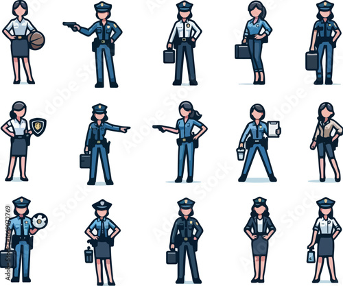 Illustration set of vector police characters in cartoon style with security equipment, firearms, tactical outfits, police caps, and body armor for law enforcement and protection design