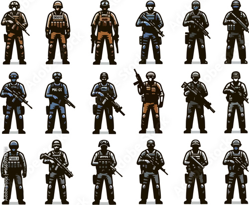 Vector collection of cartoon style policemen in tactical uniform with rifles, pistols, and bulletproof vests for justice, law enforcement, security, and protection illustration