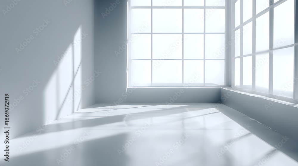 Fototapeta premium A minimalist interior corner room, bathed in soft light, showcases dramatic shadows cast by a large corner window.