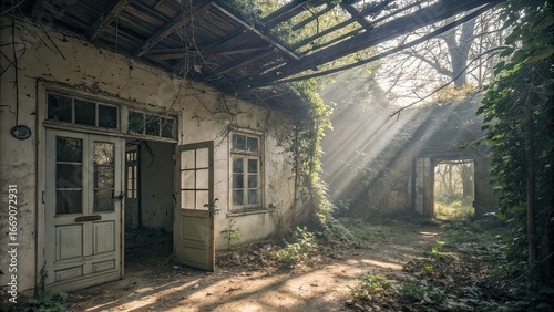 Dust covered walls of a traditional home are overtaken by nature as sunlight beams through broken windows revealing a hauntingly beautiful space
