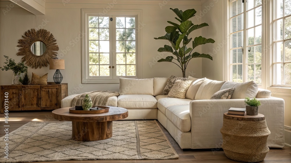 Obraz premium This peaceful living room showcases a low profile sectional sofa a round coffee table and ample natural light streaming through large windows