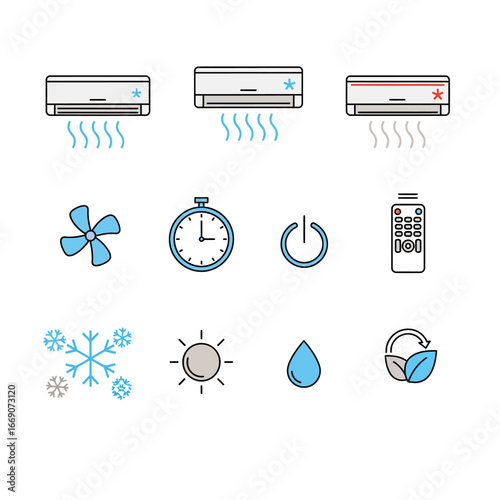 Illustrative vector graphic of air conditioning units, and related climate control symbols in a colorful flat design