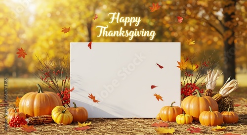 Fototapeta Naklejka Na Ścianę i Meble -  Happy Thanksgiving greeting with pumpkins, corn stalks, and autumn leaves in a park setting, perfect for seasonal celebration messages