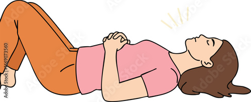 Woman practicing breathing exercise lying on floor in casual clothes for relaxation and mindfulness vector illustration 
