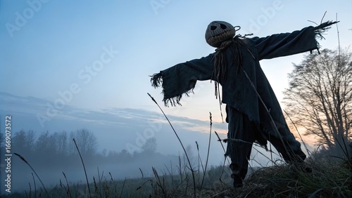 A spooky scarecrow stands silhouetted against a foggy twilight sky creating an eerie atmosphere as the day transitions to night in a rural landscape