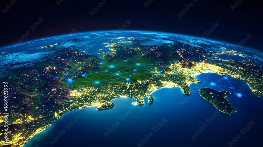 Fototapeta premium Global Network Connections Night Earth Map