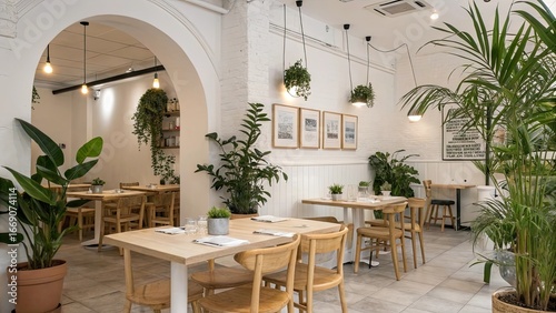This Scandinavian inspired dining area showcases clean white walls natural wood furniture and lush plants creating a calming atmosphere for guests