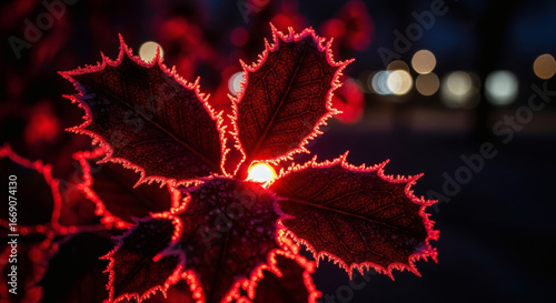 Close-up of frosted leaves illuminated by a light source, vibrant red hues.