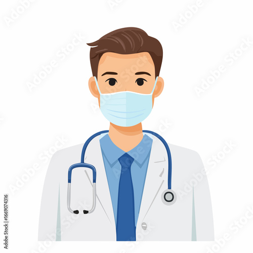 Illustration of a male doctor wearing a blue face mask, a white lab coat, a blue shirt, a tie, and a stethoscope around his neck, depicted against a white background.
