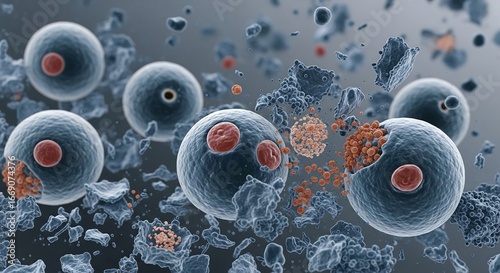 A microscopic 3D visualization of diseased cells disintegrating, representing apoptosis or therapeutic effects on a tumor
