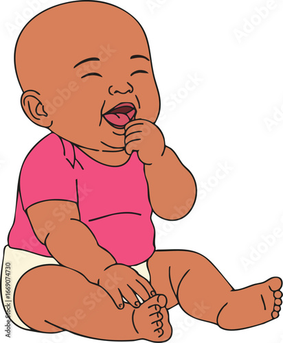 Baby laughing happily sitting wearing pink shirt and diaper isolated vector illustration 