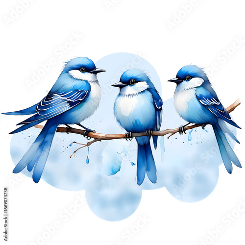 three blue birds on a branch