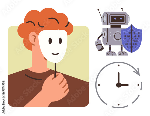 Person removing mask symbolizing hidden identity, robot with shield for data security, clock signifying time. Ideal for privacy, anonymity, cybersecurity, AI ethics, time data technology. Simple