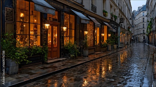A charming Parisian alleyway, bathed in warm light from shop windows, reflects on a wet cobblestone street.