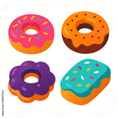 colorful donuts with sprinkles on white background for food illustration