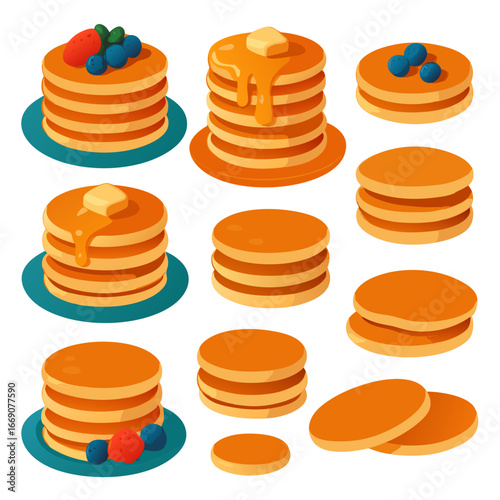 delicious pancakes stacked high with butter blueberries and syrup on plates for breakfast