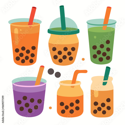 colorful illustration of various flavors bubble tea drinks with straws and boba pearls