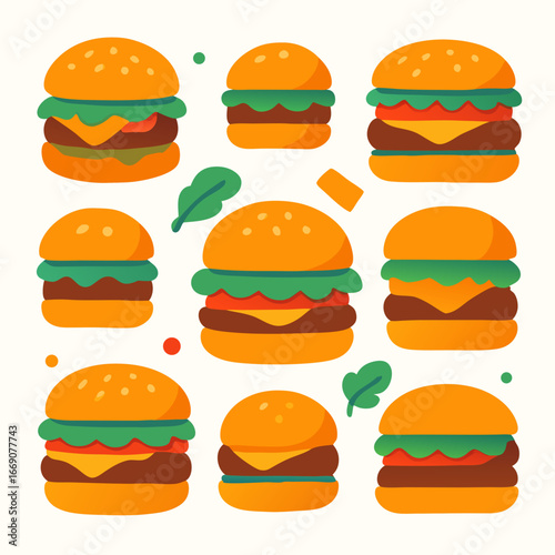A colorful flat illustration of assorted burgers with cheese lettuce tomato on buns arranged in rows on white background for menu design or food advertising with vibrant feel