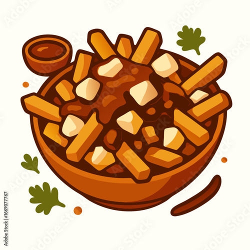 A vibrant cartoon illustration of a bowl filled with poutine, a classic canadian dish consisting of crispy french fries smothered in rich brown gravy and melted cheese curds,