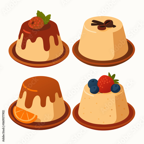 four cream desserts with fruit and chocolate toppings on plates