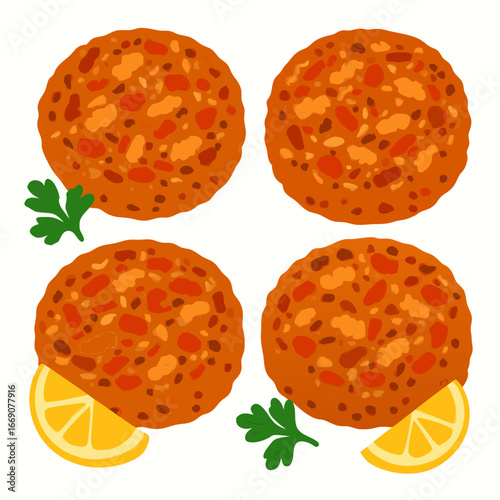 four falafel patties with lemon slices and parsley on white background