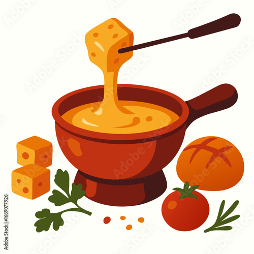 a delicious chunk of cheese being dipped into a warm fondue pot with vegetables and bread on a table