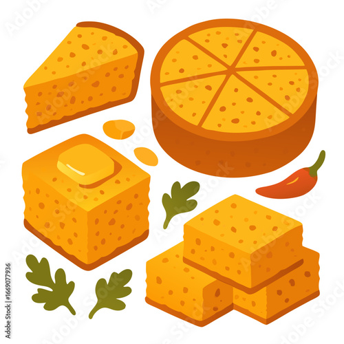 a colorful illustration of various types cheese with herbs and chili on white background for food design