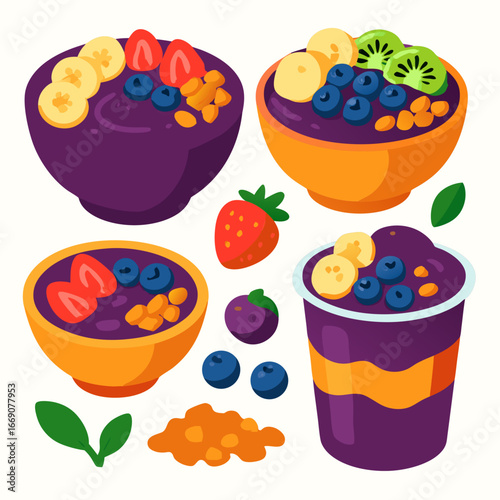 a vibrant illustration of acai bowls and smoothies topped with sliced bananas strawberries blueberries kiwi and granola in colorful bowls and cups on a clean white background