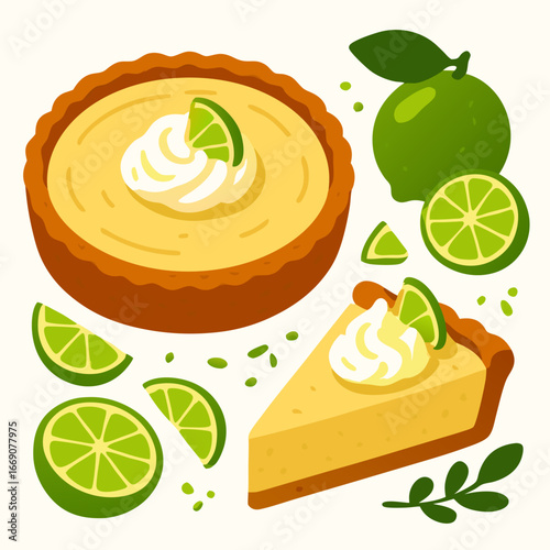 a vibrant cartoon illustration of a whole key lime pie with a slice cut out topped with whipped cream and lime wedges surrounded by scattered lime slices and wedges on a clean