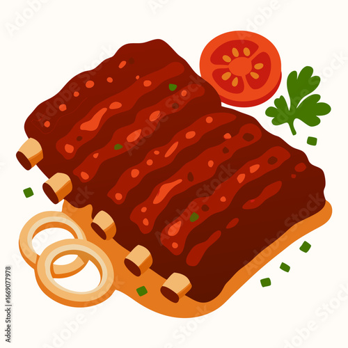 a plate of delicious barbecue ribs with tomato onion and parsley on a table
