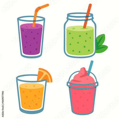 colorful smoothies and juices in glasses with straws and garnishes on white background for healthy eating and beverage concepts