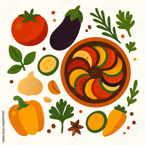 colorful vegetables and fruits arranged on plate with herbs spices