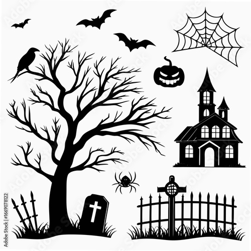 Black halloween silhouettes featuring a haunted house spooky tree bats and a graveyard