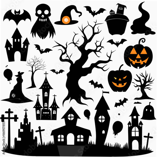 Collection of halloween silhouettes featuring haunted houses bats and spooky trees