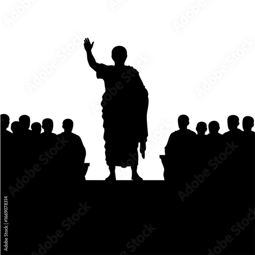 An ancient orator delivers a passionate speech to a gathered crowd.