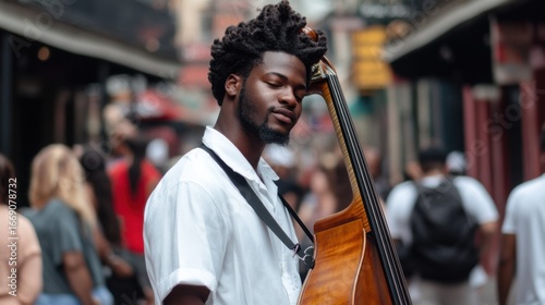 Street musician enjoying the moment with a double bass on a bustling city street