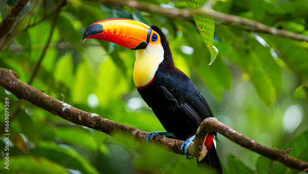 Fototapeta premium A vibrant toucan with its iconic large, colorful beak perches on a mossy branch amidst lush green foliage in a tropical rainforest
