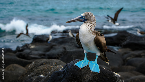 A bluefooted booby stands proudly on a dark rock near the ocean, with other birds in flight and crashing waves in the background